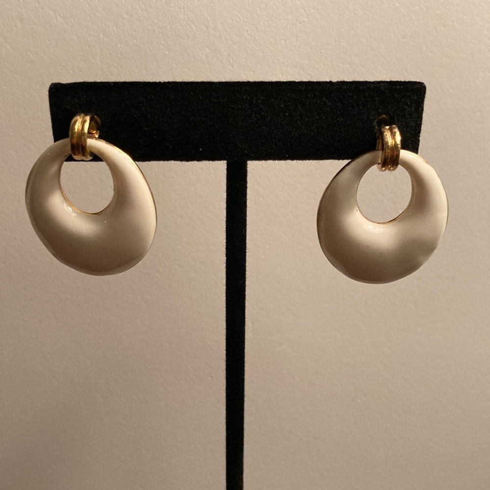 Enameled White and Gold Tone Vintage Hoops Classic